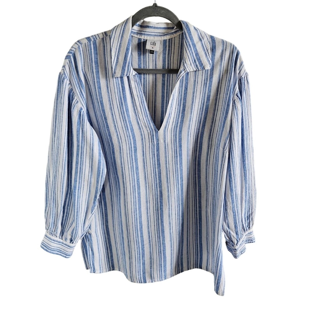 Cabi Woman Size M Linen Blend Vertical Stripe Bishop Sleeves Collared Tunic